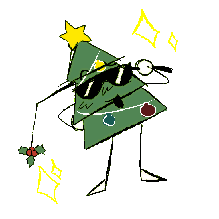 object oc Christmas tree named Holly holding a fishing rod but with mistletoe on it
